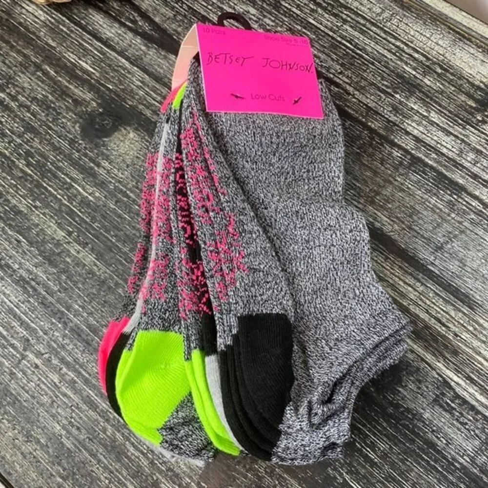 Betsey Johnson Neon Gray Print Low Cuts Ankle socks 10 set size 5-10 new